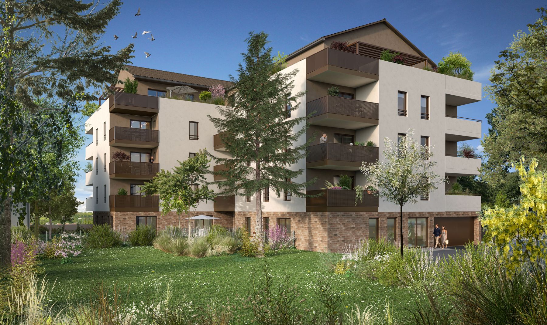 Perspective de l'immeuble neuf de logements à Pont-Évêque, jardin et balcons